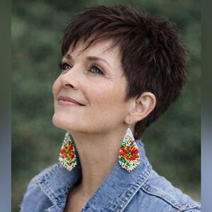 Beautiful beaded long dangle earrings red flower sterling wires gardening